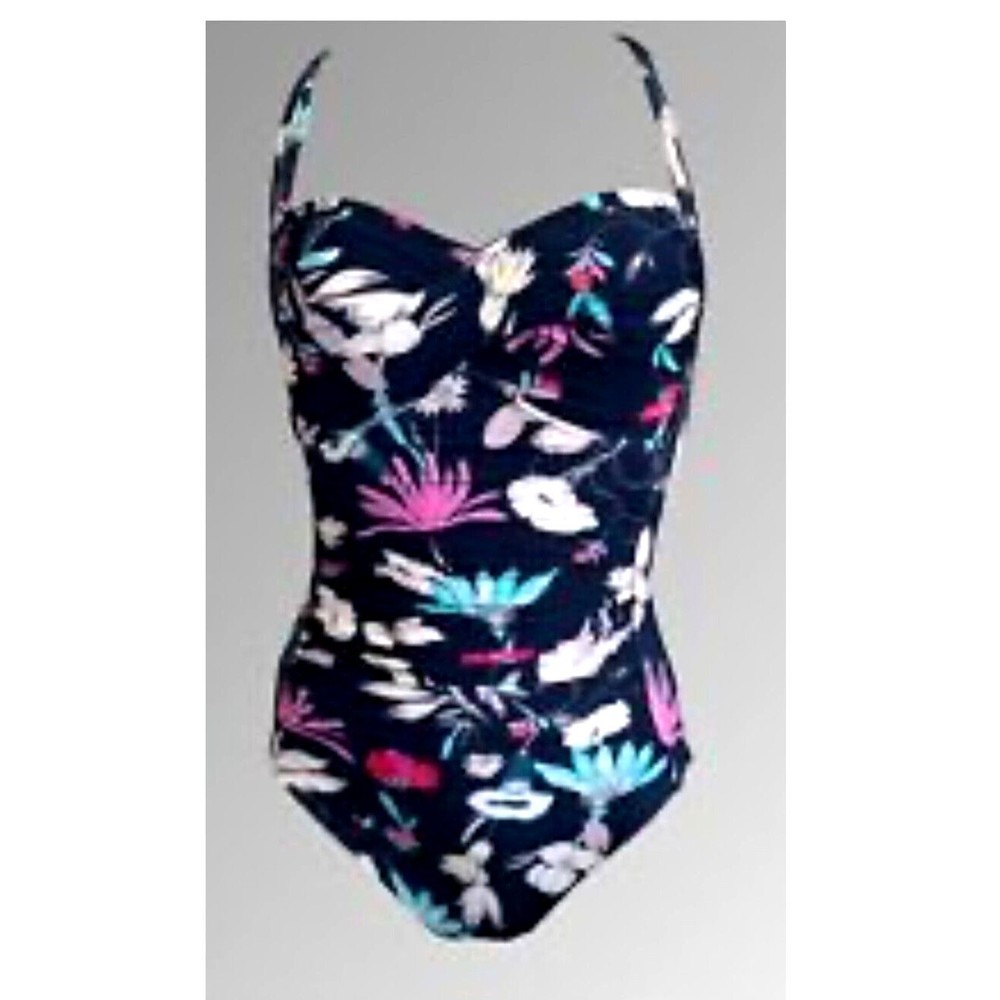 Seafolly Swimsuit SZ 10 Dark Blue Flower Festival One Piece Ruched Front Cups